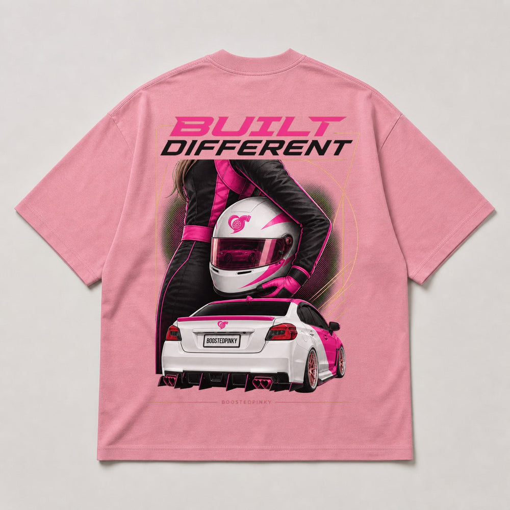 Built Different pink shirt back view